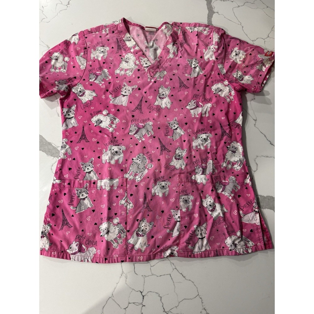 Dickies Pink Women's V Neck Parisian pups Medical Scrub Top Small 100% Cotton